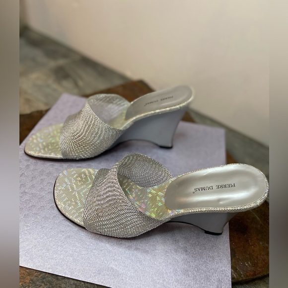 Pierre Dumas Shoes - Pierre Dumas~Iridescent Insole w/Wire Mesh-Look Slide Sandal~Wedge~Silver~Size 9